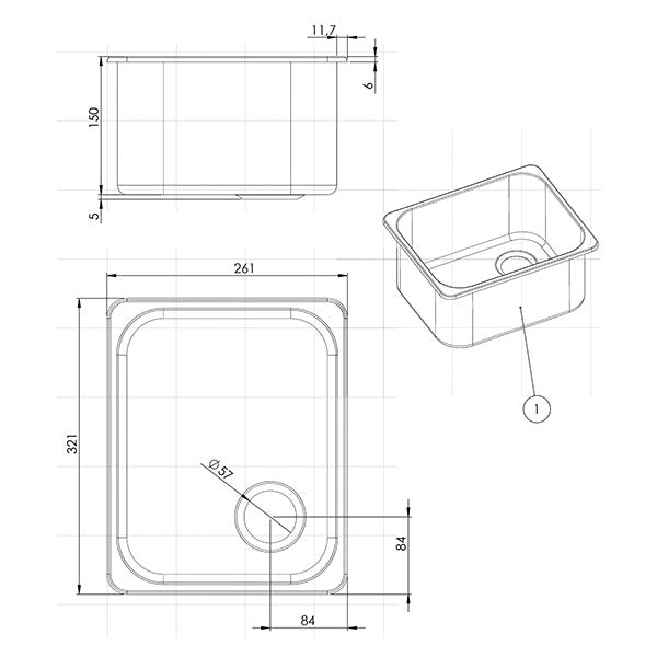 Lavello inox rettangolare • 350 x 320 x 150 • LA1400 - vista 2