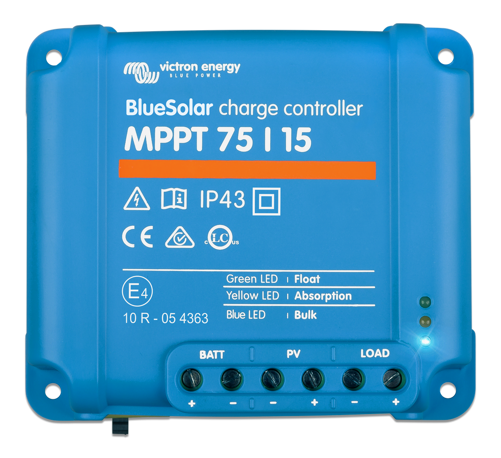 Regolatore MPPT Victron • 75 V / 15 A — vista superiore/frontale